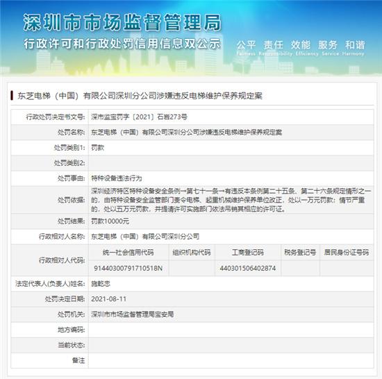 麻将胡了网址东芝电梯深圳分公司被罚 存在特种设备违法行为